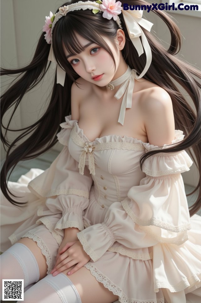 a woman in a white dress sitting on a bed