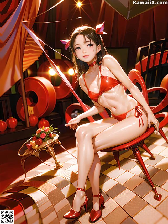 A woman in a red bikini sitting on a red chair.