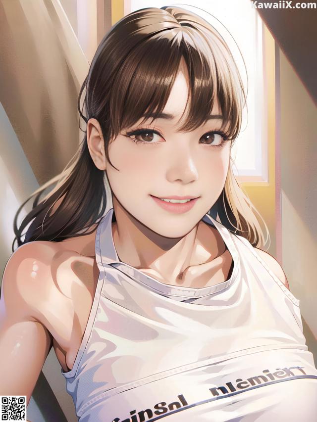A woman in a white tank top is posing for a picture.