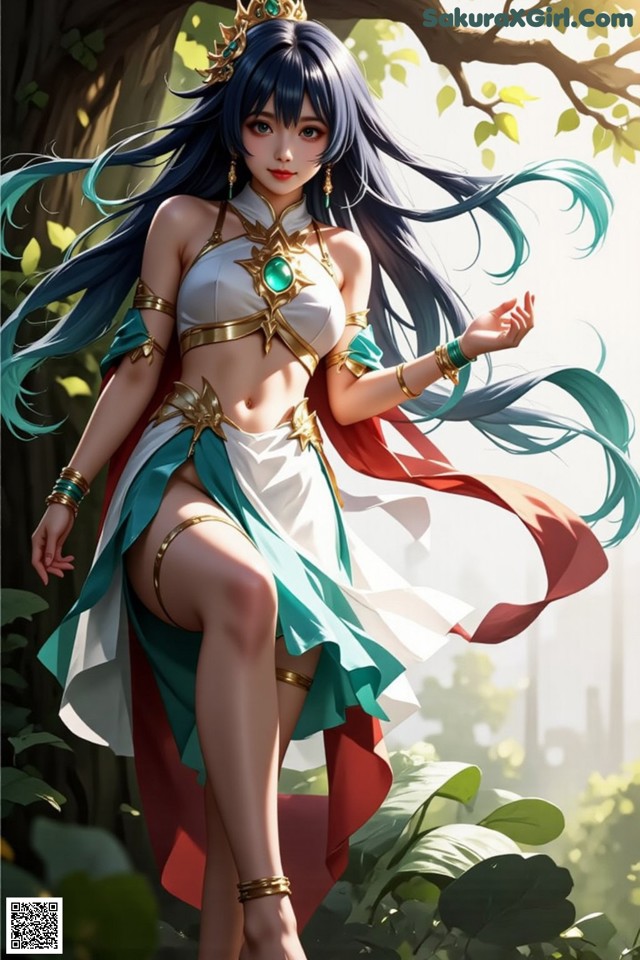 A woman with long blue hair wearing a white and green outfit.