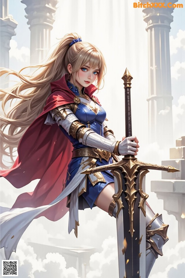 A woman in armor holding a sword in front of a building.