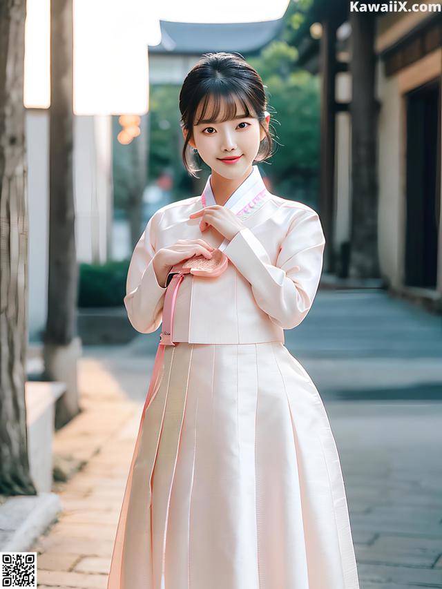A woman in a white and pink hanbok is posing for a picture.