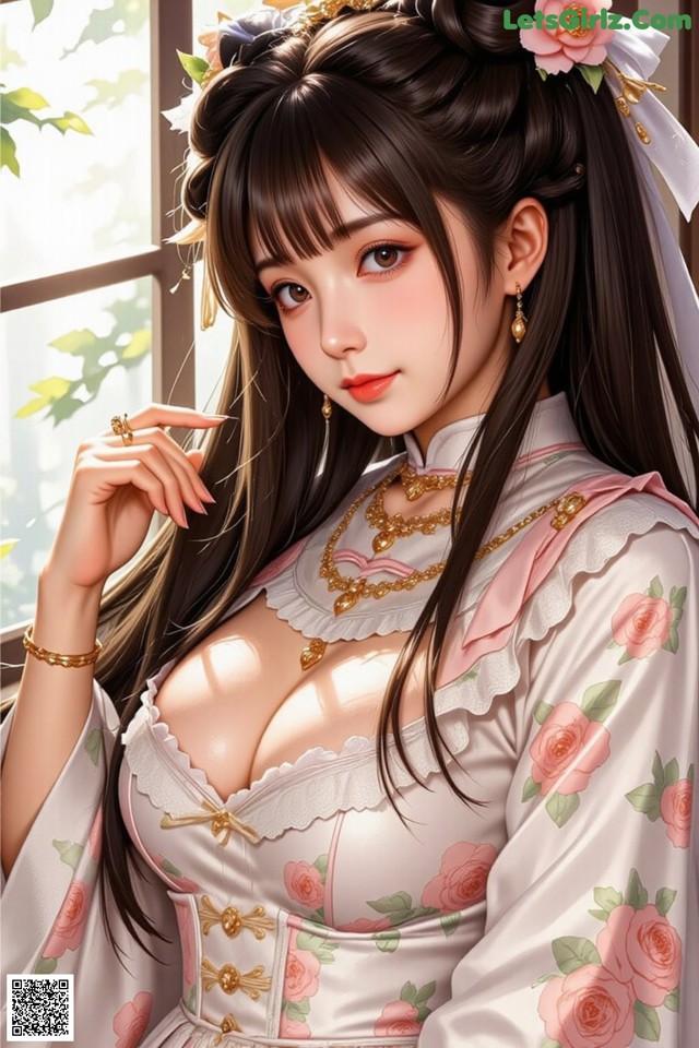 A woman in a chinese dress with a flower in her hair.