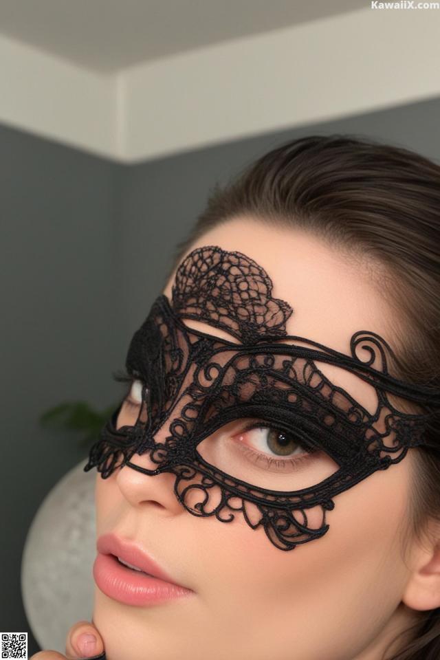 A woman wearing a black lace mask with a qr code.