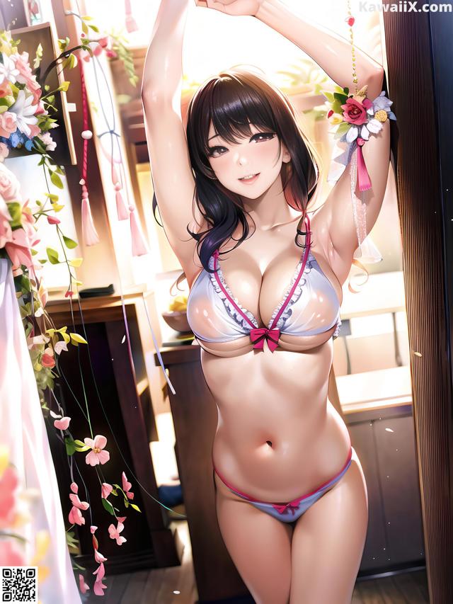 A woman in a bikini standing in front of a window.