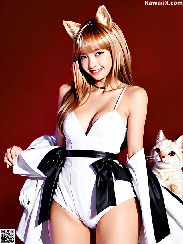A woman in a white dress holding a white cat.