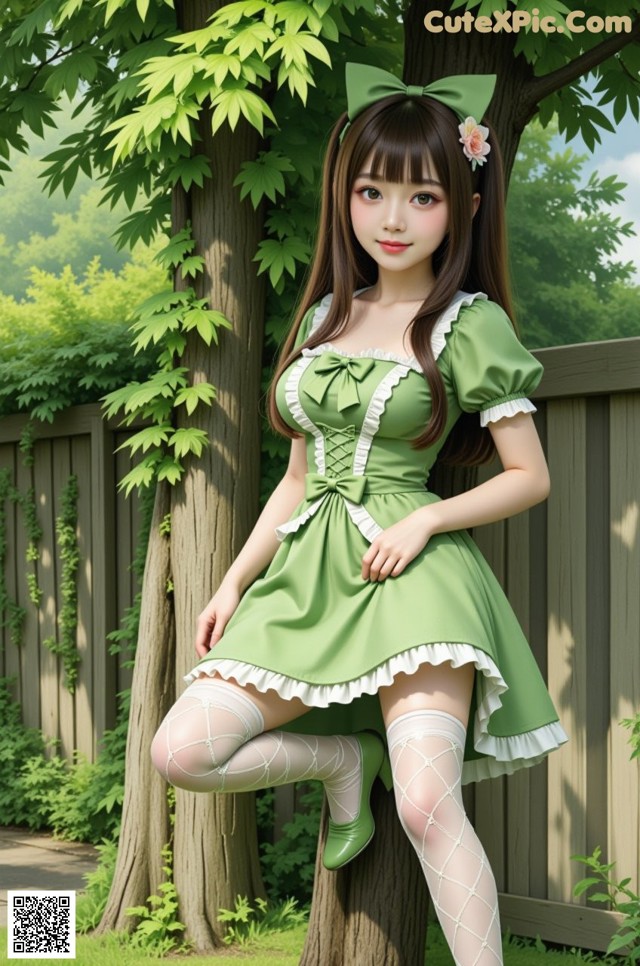 A woman in a green dress and white stockings posing for a picture.