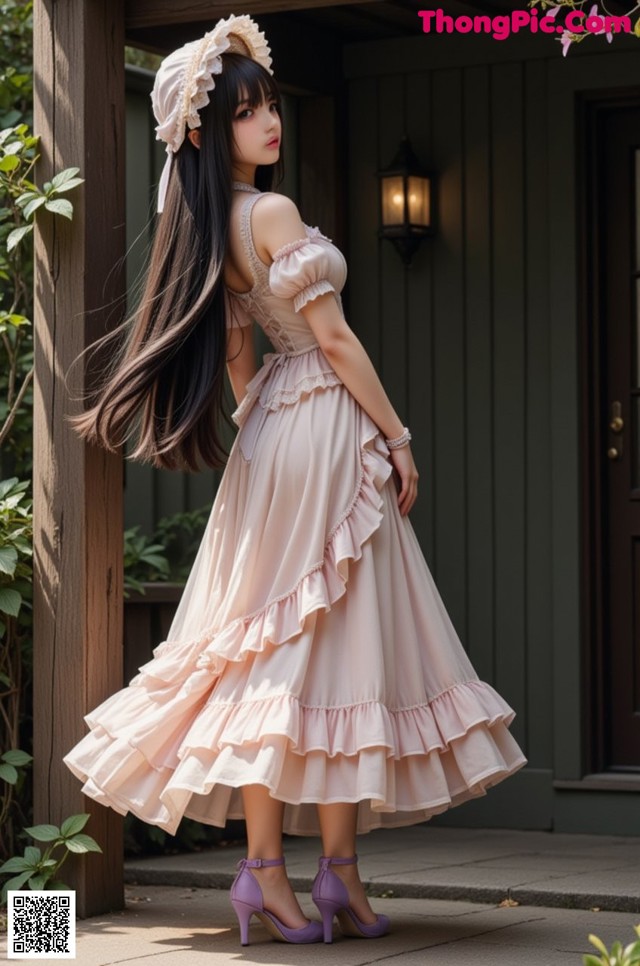 A woman in a pink dress and purple shoes posing for a picture.