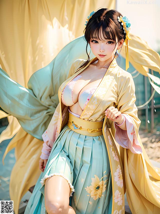 A woman in a blue and yellow kimono posing for a picture.