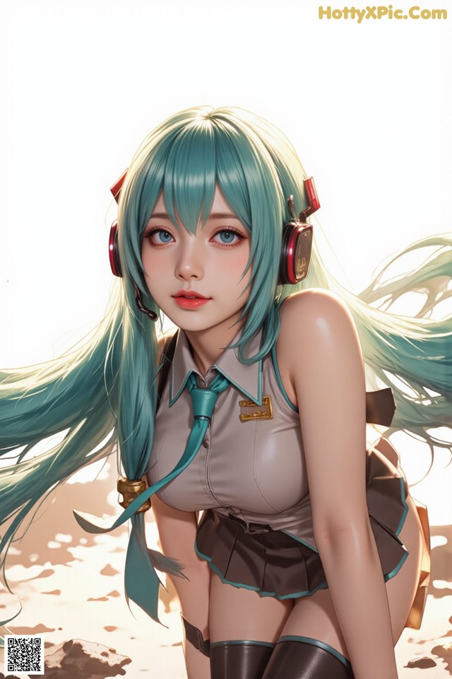 A girl with long green hair wearing headphones.